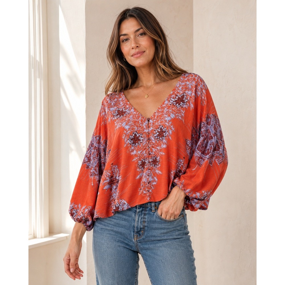 Free‎ People Birds of a Feather Balloon Sleeve Top Rust XS Boho Oversized